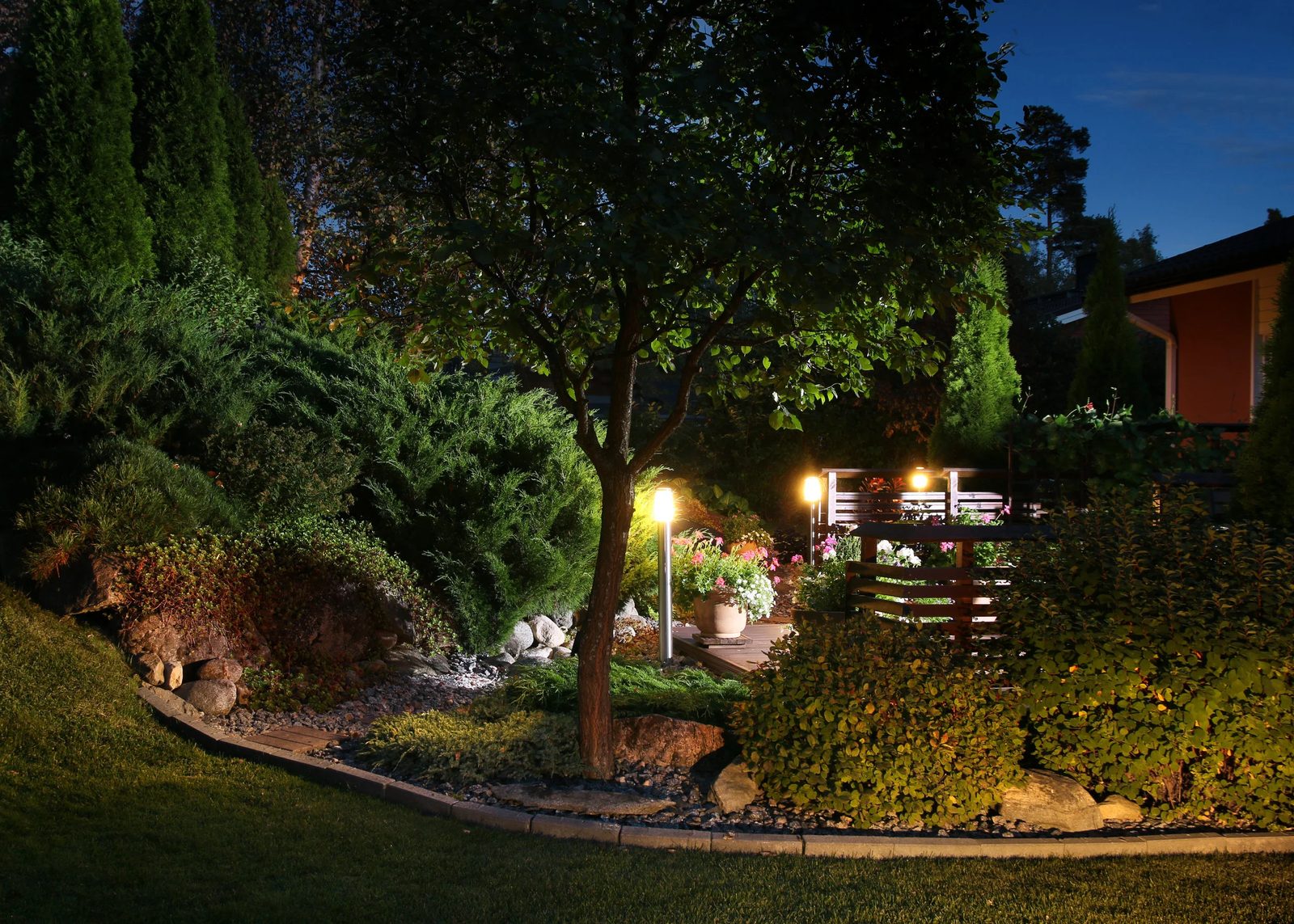 Garden lighting at dusk