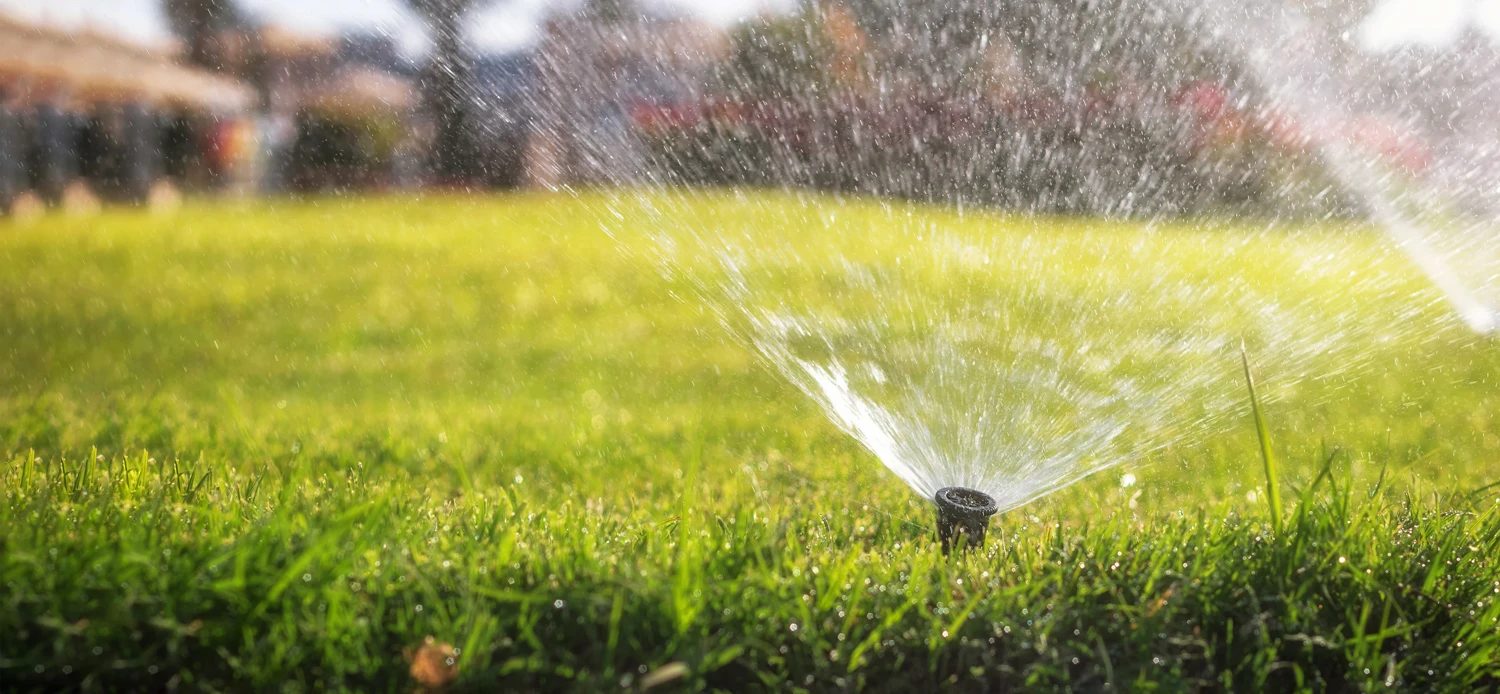 Irrigation watering a lawn at sunset